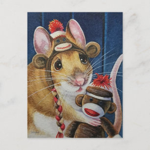 Carte Postale Vieux jouet de Noël Chaussette Singe Souris Art