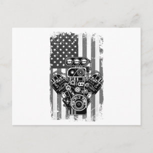 Carte Postale Vieux Véhicule Musclé Piston Drapeau Américain Drô