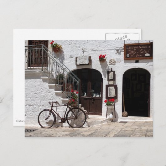 Carte Postale Vieux vélo et vitrine dans les Pouilles (Devant / Derrière)