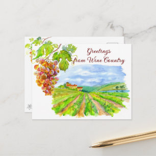 Carte Postale Vignoble ensoleillé & raisins – Aquarelle pays du