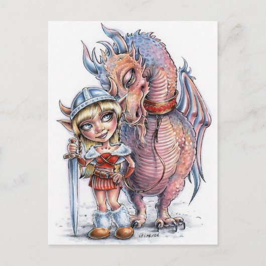 Carte Postale Viking Troll Girl Avec Son Dragon (Devant)