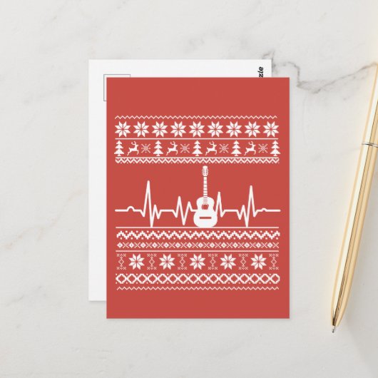 Carte Postale Vilain joyeux pull de Noël guitare acoustique (Devant/Arrière en situation)