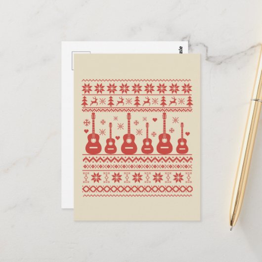 Carte Postale Vilain joyeux pull de Noël guitare acoustique (Devant/Arrière en situation)