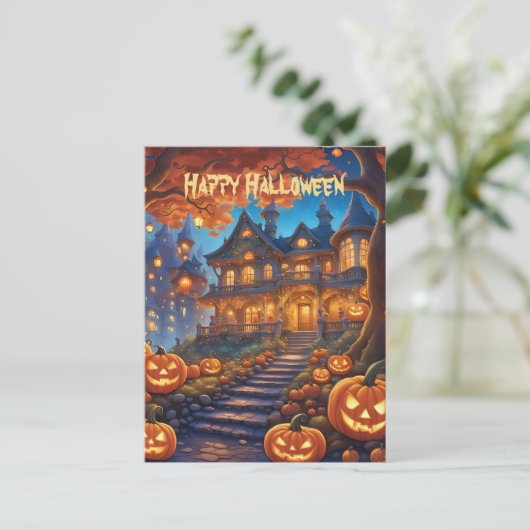 Carte Postale villa éffrayante dans la forêt, citrouilles, Hallo (Debout devant)