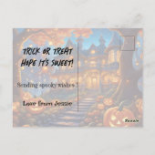 Carte Postale villa éffrayante dans la forêt, citrouilles, Hallo (Dos)