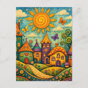 Carte Postale Village de Conte de Fées Fantaisiste sur Toile Col
