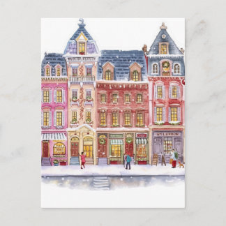 Carte Postale Village de Noël hivernal à l'aquarelle