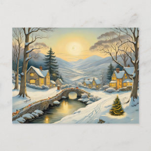 Carte Postale Village de Noël idyllique avec rivière et pont