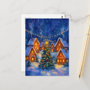 Carte Postale Village de Noël magique de nuit festive aquarelle