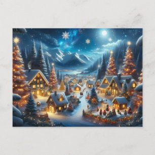 Carte Postale Village de Noël magique sous la neige et la lumièr