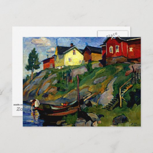 Carte Postale Village en Finlande, peinture d'art (Devant / Derrière)