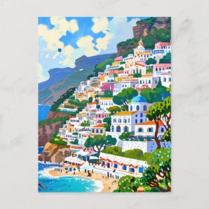 Carte Postale Village Positano, Italie, Côte Italienne Aquarelle