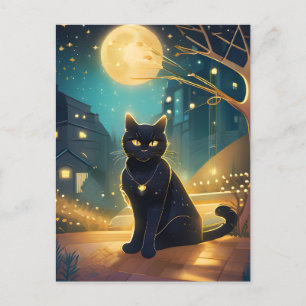 Carte Postale Ville de la Pleine lune de chat noir