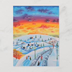 Carte Postale Ville d'hiver folk art paysage d'hiver