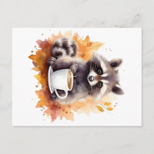 Carte Postale Villes automnales Raccoon avec tasse de café (Devant)
