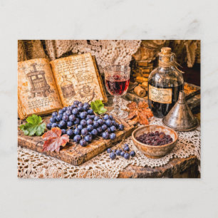 Carte Postale Vin traditionnel pressé à la main avec raisins et 