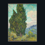 Carte Postale Vincent Van Gogh Cypress<br><div class="desc">Belle oeuvre vintage célèbre impressionniste peintre Vincent Van Gogh. Cet art impressionniste présente des cyprès dans un champ devant des nuages tourbillonnants et une lune dans le ciel. Les teals,  jaunes et verts sont très agréables.</div>