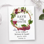 Carte Postale Vins de raisin d'aquarelle Fleur Wreath Enregistre<br><div class="desc">Aquarelle moderne Élégante Raisins et vignes Wreath Bois Enregistrer la date Faire-part Mariage La carte postale comprend des roses bordeaux,  des roses roses roses,  des roses rouges et de la verdure botanique.</div>