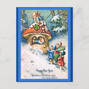 Carte Postale Vintage Allemand Nouvel An Enfants & Champignons H