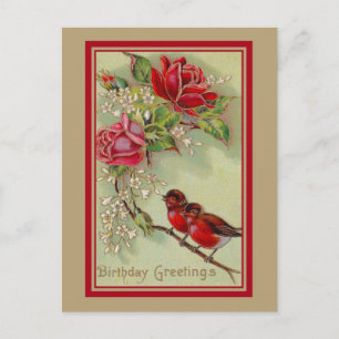 Carte Postale Vintage antique birthday greetings, robins, bruses