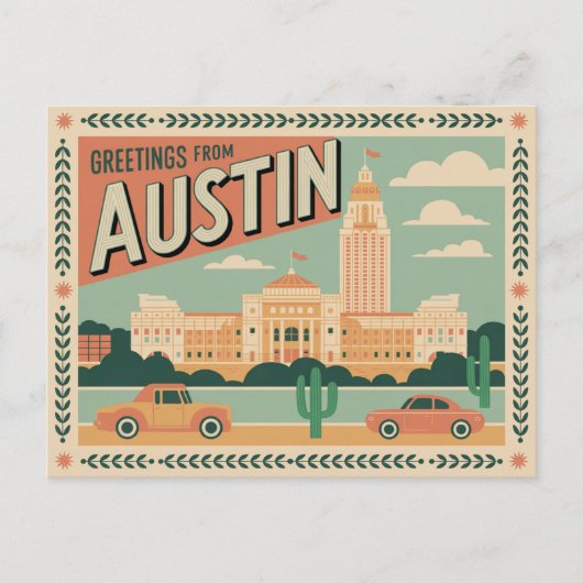 Carte postale vintage Austin | Salutations d'Austi (Devant)