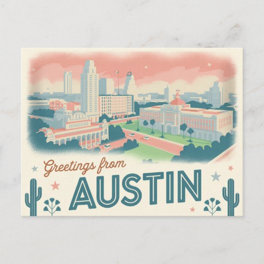 Carte postale vintage Austin | Salutations d'Austi (Devant)