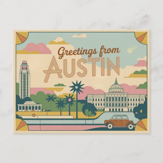 Carte postale vintage Austin | Salutations d'Austi (Devant)