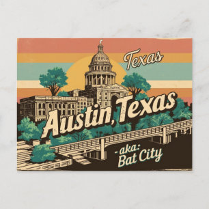 Carte Postale Vintage Austin, Texas - Bat City, USA