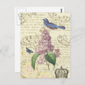 Carte postale vintage avec oiseau et lilas (Devant / Derrière)