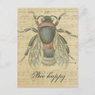 Carte Postale Vintage Bee Sheet Music Notes Bee Happy Customisé
