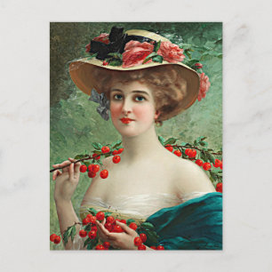Carte Postale Vintage Belle Dame, Casquette Fleurs & Cerises