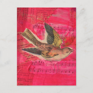 Carte Postale Vintage Bird Collage multimédia mixte Hot Pink