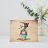 Carte Postale Vintage Bird, Roses et Teacup (Debout devant)