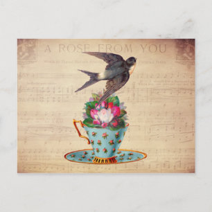Carte Postale Vintage Bird, Roses et Teacup