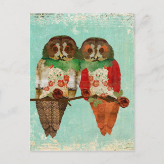 Carte postale Vintage bleue de Chouettes roses