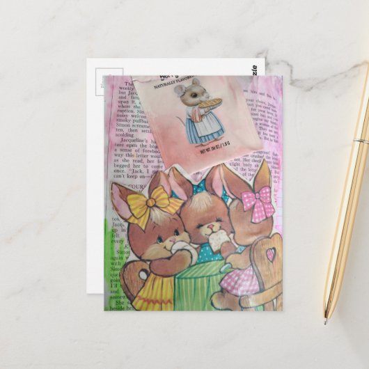 Carte Postale Vintage Bunnies and Mouse Collage (Devant/Arrière en situation)