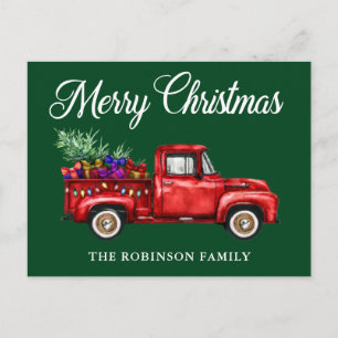 Carte Postale Vintage Camion Rouge Arbre Cadeaux Noël Nom de fam