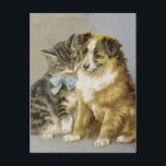 Carte Postale Vintage cat and dog intimate friendship<br><div class="desc">Sweet lovely vintage illustration of a cute Victorian cat and dog intimate friendship.</div>