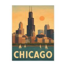 Vintage Chicago skyline, lac Michigan voilier