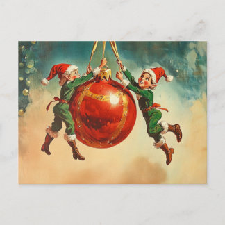 Carte Postale Vintage Christmas Elves With a Huge Ornament