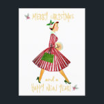 Carte Postale Vintage Christmas lady Joyeux voeux de Noël<br><div class="desc">1950 Femme de Noël Vintage en robe rouge avec un joyeux salut de Noël</div>