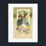 Carte postale Vintage Christmas Snowball<br><div class="desc">Image vintage de Noël montrant un jeune garçon et une fille assis sur une grande boule de neige avec les mots,  un Noël joyeux,  dessus. Il y a de beaux points de colonas dans l'arrière - plan.</div>