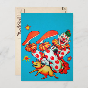 Carte postale vintage Clown équitation Cochon