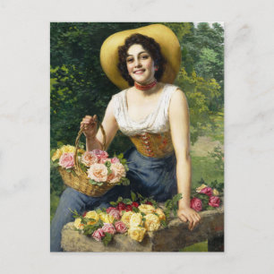 Carte Postale Vintage Dame Avec Panier De Roses
