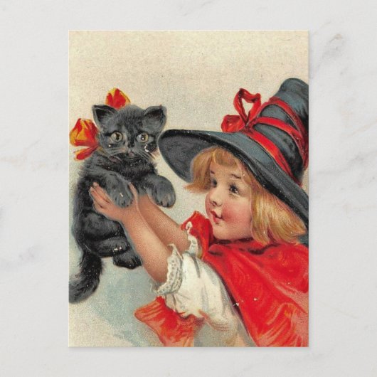 Carte postale vintage de Halloween - fille et chat (Devant)