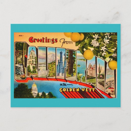Carte postale vintage de salutations californienne (Devant)