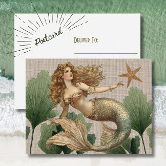 Carte postale vintage de sirène et d'étoile de mer