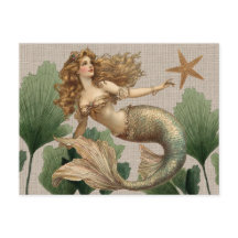 Carte postale vintage de sirène et d'étoile de mer