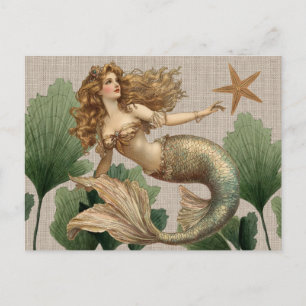 Carte postale vintage de sirène et d'étoile de mer