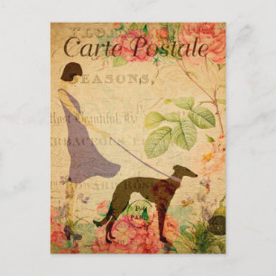 Carte Postale Vintage des années 1920 Femme et Chien Floral Fran